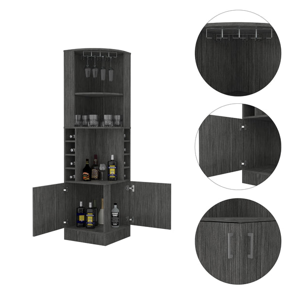 English Elm Seattle Smokey Oak Bar Cabinet with Corner Design, 8 Bottle Cubbies, Glass Racks & Open Shelves B128P176127