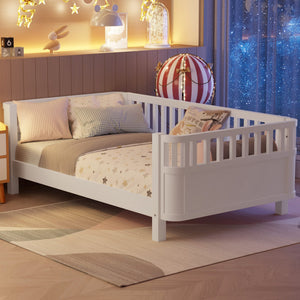English Elm Twin Low Profile Pine Wood Kids Bed with Safety Rails and Fence Style Headboard W2593P367041