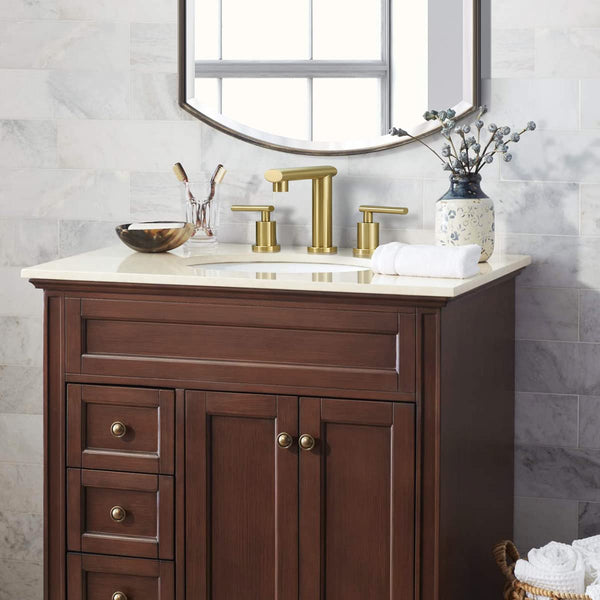 English Elm Brushed Gold Widespread Bathroom Faucet - Low-Arch Design With Pop-Up Drain & Supply Lines Included T3177P277503