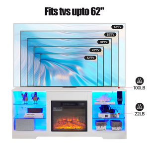 English Elm TV 58" Electric Fireplace TV Stand with 3D Realistic Flame, LED Lights, USB & AC Power Strip, Modern Media Console White W2275P149866