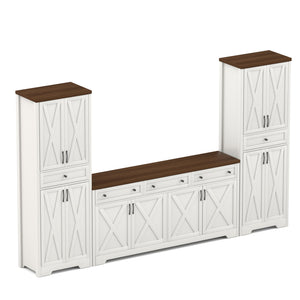 English Elm 66 Inch Entertainment Center with Tempered Glass Open Closed Storage for Living Room White+Walnut W1162P313311