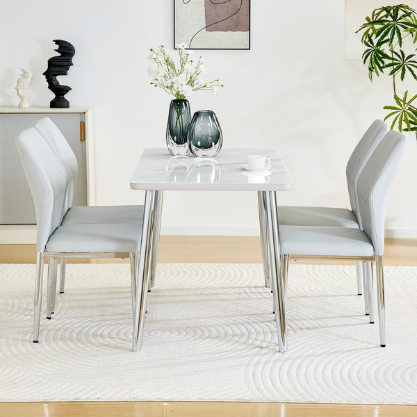 English Elm Table and Chair Set Marble Glass Top Silver Legs with Four Pu Seats for Dining W1151S04642