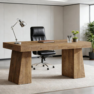English Elm Writing Desk with Five Drawers Reversible Cabinet Home Office Vanity Workstation Light Brown T3971P452762
