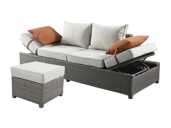 English Elm Salena Gray+Beige All-Weather Wicker Patio Sofa & Ottoman with 2 Toss Pillows, Foam Cushions, No-Assembly B2726P245456