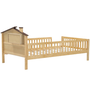 English Elm Twin House-Shaped Platform Bed with Built-In Storage, LED Accent Lighting and Rustic Pine Charm (95) Natural N709P184429M