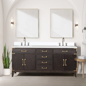 English Elm Brown Oak 72 in Double Bath Vanity with Cultured Marble Top, Chrome Faucet Set & Dual 34" Mirrors B2731S01862