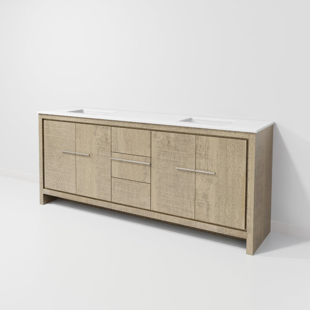 English Elm Rustic Acacia Double Bath Vanity 80 In. W X 20 In. D, White Quartz Top & Soft-Close Storage Solutions B2731P259229-GIGA
