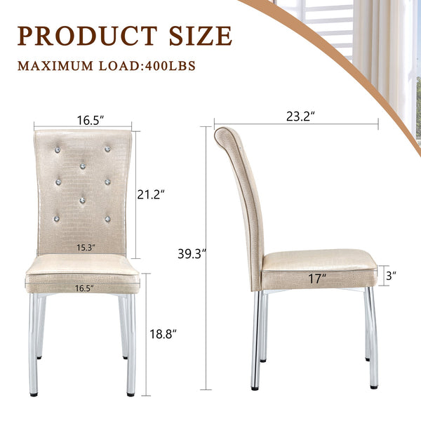 English Elm A Set of 2 Crystal Button Faux Leather Dining Chairs with Embossed Croc Texture Beige W3226P340250