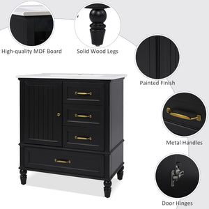 English Elm Christopher Knight Home® - 30" Bathroom Vanity with Ceramic Sink, Acacia & MDF Cabinet, Soft-Close Door & Drawers Black N759P346895B