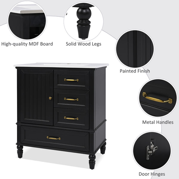 English Elm Christopher Knight Home® - 30" Bathroom Vanity with Ceramic Sink, Acacia & MDF Cabinet, Soft-Close Door & Drawers Black N759P346895B