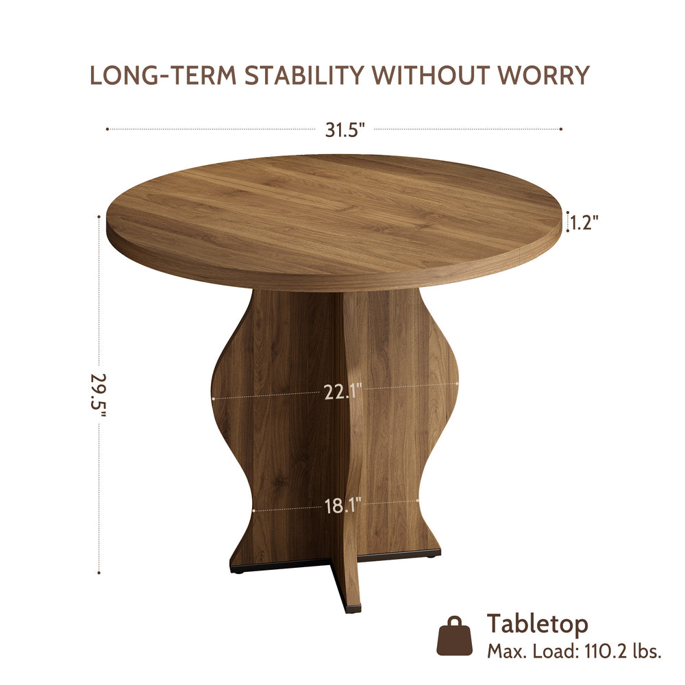English Elm 31.5 Inch Round Farmhouse Dining Table Wave Pedestal Veneer Top Seats Two Walnut T5618P448232