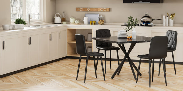 English Elm Square MDF Dining Set for 4 with Faux Marble Top, Mid-Century Modern Iron Legs, Easy-Clean Surface Black W578S00027