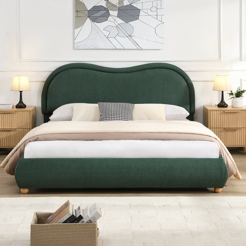 English Elm Queen Chenille Upholstered Curved Headboard Platform Bed with Oak Legs Solid Wood Slats W1716P428272