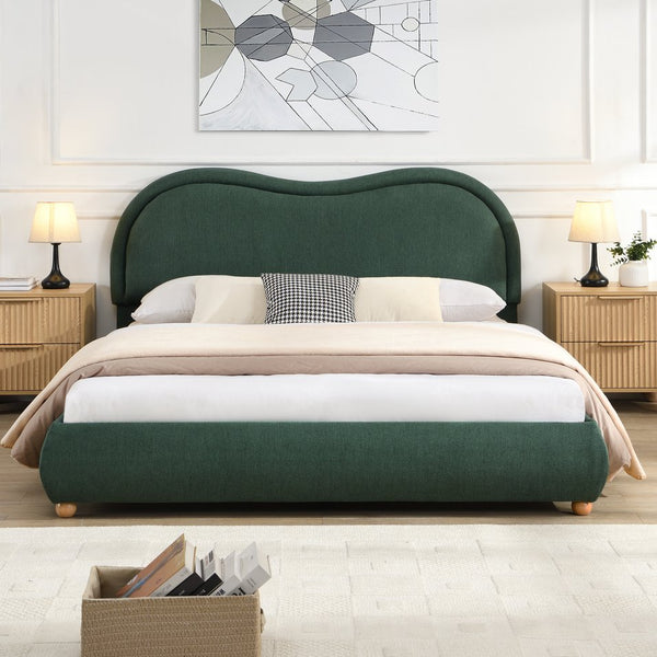 English Elm Queen Chenille Upholstered Curved Headboard Platform Bed with Oak Legs Solid Wood Slats W1716P428272