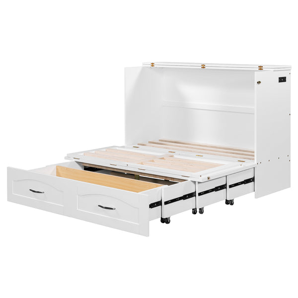 English Elm Full Size Murphy Wall Bed with Storage Drawers Usb Charging Ports and Pulley Mechanism White LP100670AAK