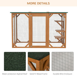 English Elm Pawhut Wooden Outdoor Catio Enclosure with Mesh Walls Climbing Platforms Asphalt Roof W2225P173769