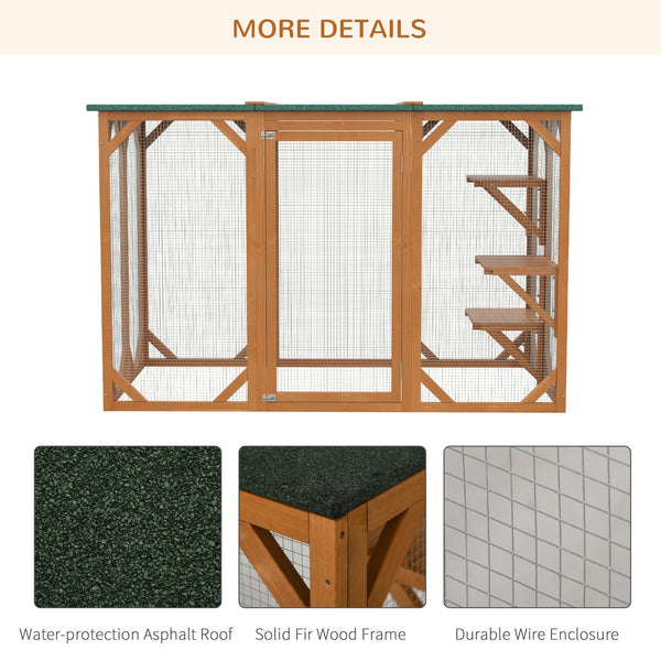 English Elm Pawhut Wooden Outdoor Catio Enclosure with Mesh Walls Climbing Platforms Asphalt Roof W2225P173769
