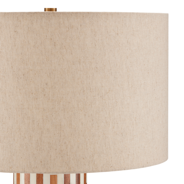 Tia Table Lamp - Elegant White Bone & Wood Design with Natural Linen Shade, Antique Brass Finish