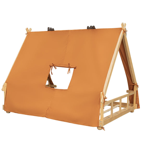 English Elm Twin Cabin Bed with Detachable Tent Skylight and Woodland Deer Antler Accents Brown N708P356717D