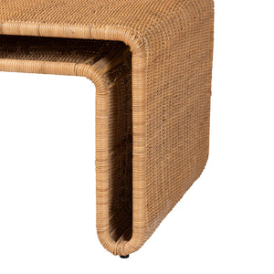 English Elm Laminated Rattan Side Table Hourglass Sculptural Boho Accent for Living Room Bedroom B2750P467829