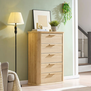 English Elm 6 Drawer Tall Fluted Chest with Waveform Fronts Slim Wooden Storage for Modern Bedroom Oak T5326P425094