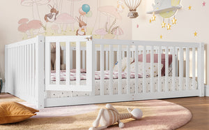 English Elm Twin Floor Bed Pine Wood Frame with Guardrails and Door for Safe Toddler Sleep Light White W1580P417670