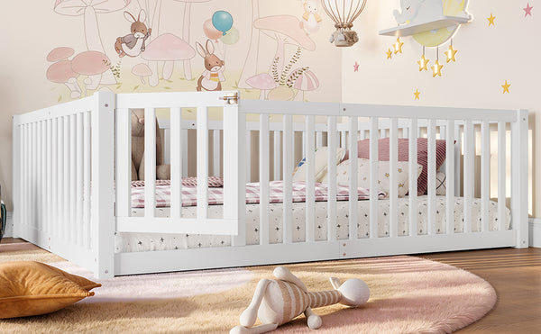 English Elm Twin Floor Bed Pine Wood Frame with Guardrails and Door for Safe Toddler Sleep Light White W1580P417670