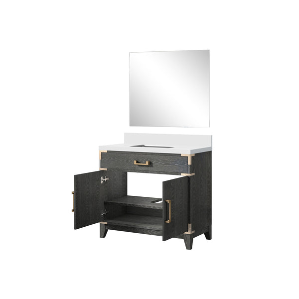 English Elm Black Oak Single Bath Vanity Set With White Quartz Countertop & 34” Mirror - Modern Elegance For Your Space B2731S02126