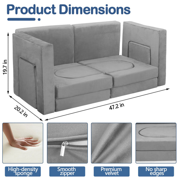 English Elm 12 Piece Modular Foam Play Couch Set Velvet Convertible Sofa Fort for Kids Playroom Light Gray T5880P493403