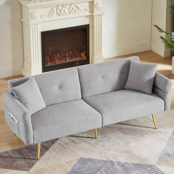 English Elm Modern Teddy Upholstered Loveseat Sofa Bed with Adjustable Backrest, Foldable Armrests & Gold Legs Grey W1117P303446