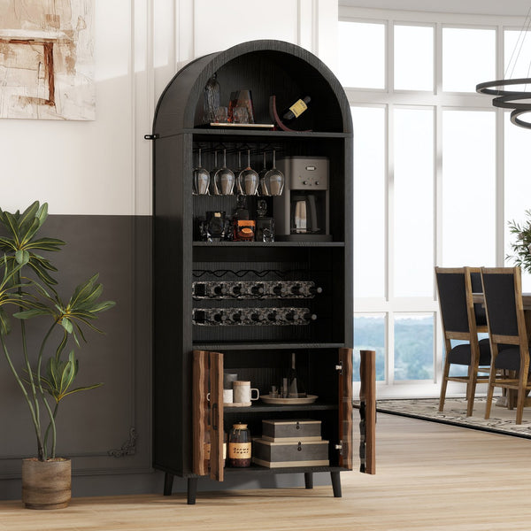 English Elm 71"Farmhouse Arched Wine Bar Cabinet with 15 Bottle Racks, 16 Glass Holders, Anti-Tip Safety for Living/Dining Black+Natural W2977P338242