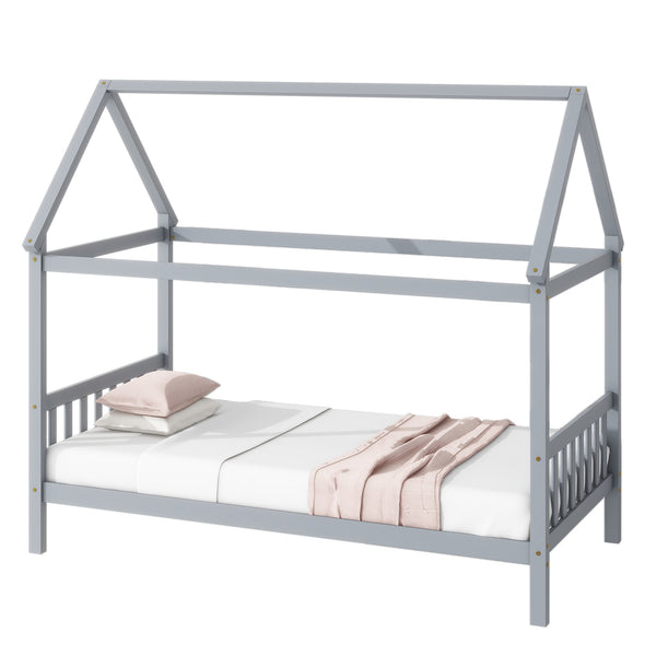 English Elm Twin House Bed with Headboard and Footboard — Space-Saving Rubberwood Frame, Playful Architectural Design LIGHT GREY W504P225966