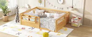 English Elm Twin Low Profile Kids Floor Bed Pine Wood Frame with Safety Rail and Built in Bookshelf Natural W1580P373141