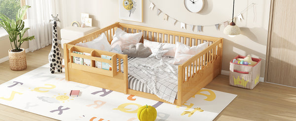 English Elm Twin Low Profile Kids Floor Bed Pine Wood Frame with Safety Rail and Built in Bookshelf Natural W1580P373141