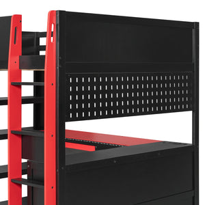 English Elm Full Size Gaming Loft Bed with Desk Rgb Lighting Power Outlet and Storage Drawer Red LT000285AAJ