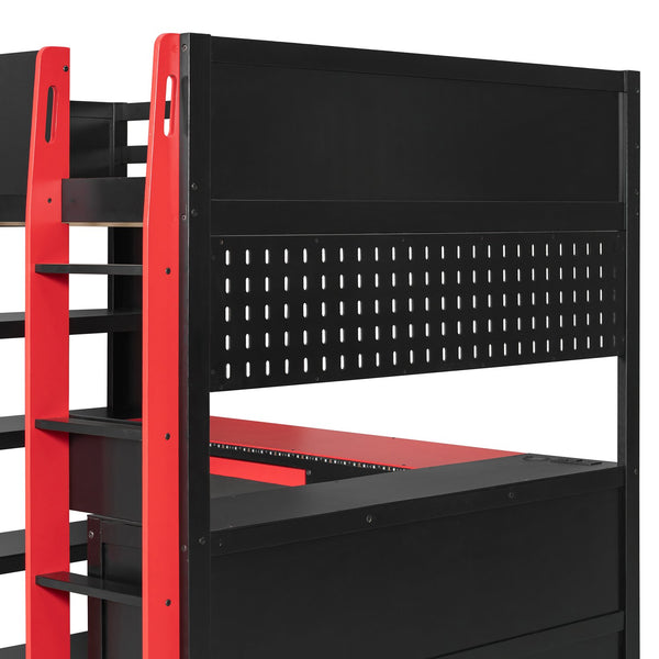 English Elm Full Size Gaming Loft Bed with Desk Rgb Lighting Power Outlet and Storage Drawer Red LT000285AAJ