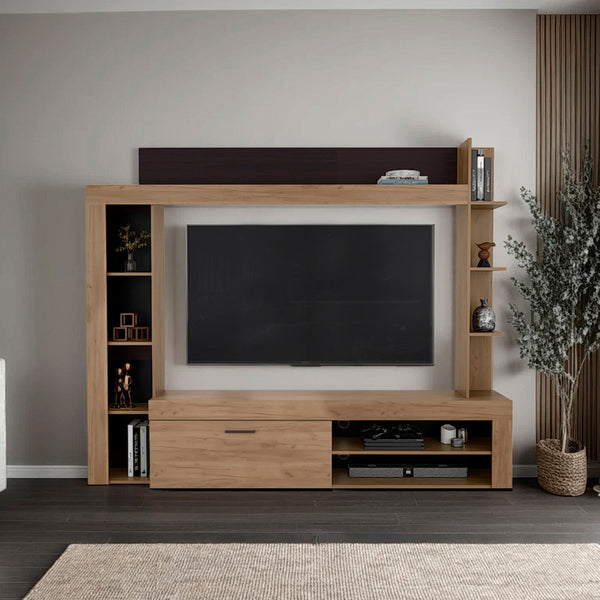 English Elm Cecil Walnut Entertainment Center TV Stand with Open Shelves, Storage Compartments & Durable Wood Finish B070S00404