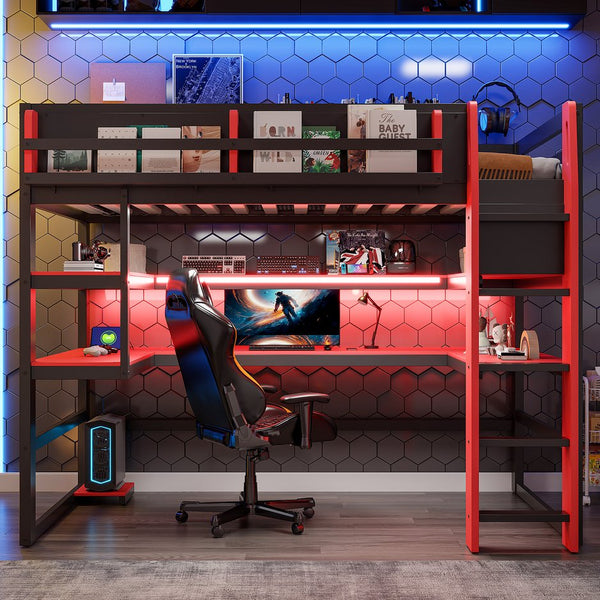 English Elm Twin Loft Bed with Rgb Lighting Usb Ports Wraparound Shelves and Gaming Desk Red LT000298AAJ