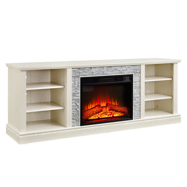 English Elm Large White Fireplace Tv Stand with Faux Stone Surround and Adjustable Media Storage W2275S00035