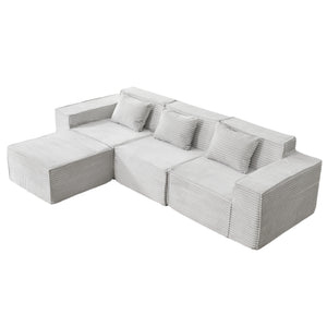 English Elm L-shaped Corduroy Sectional with Ottoman Three Seat Modular Sofa for Modern Living Light Gray W2699S00081