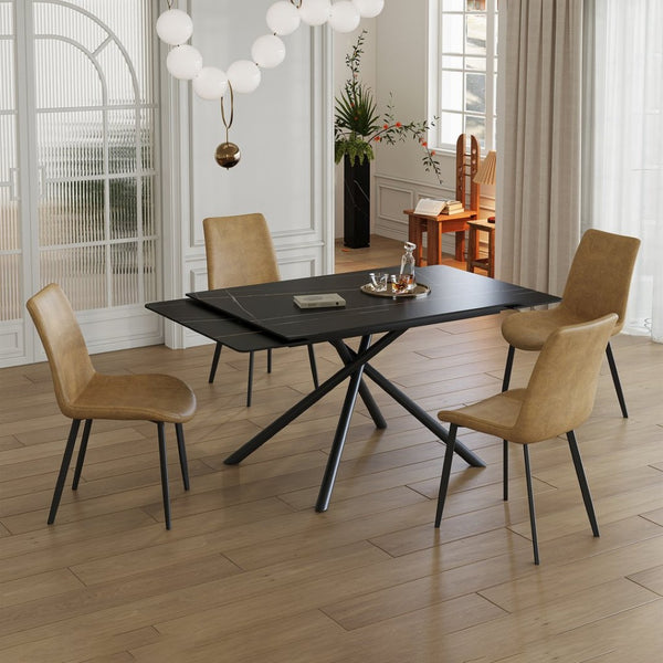 English Elm Retractable Sintered Stone Dining Table Set With 4 Chairs, Modern Design & Durable Carbon Steel Legs W509S00128-GIGA