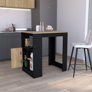 English Elm Stirling Kitchen Island with 1-Door Push-Open Cabinet, 3 Side Shelves, Black & Natural Oak Finish B200P240240