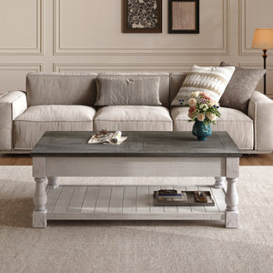 English Elm Farmhouse Coffee Table Solid Planked Wood with Open Shelf Square Baluster Living Room Ancient White,Antique Grey W1445P362856