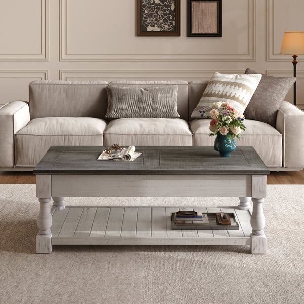 English Elm Farmhouse Coffee Table Solid Planked Wood with Open Shelf Square Baluster Living Room Ancient White,Antique Grey W1445P362856