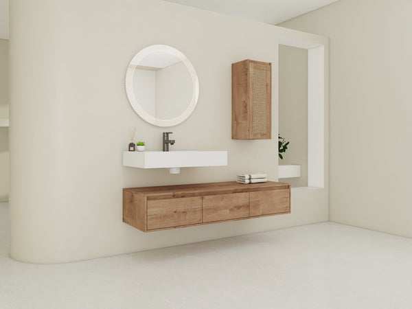 English Elm 60 Inch Wall-Mounted Bathroom Vanity Set With Resin Sink, Soft-Close Drawers & Side Cabinet Storage W999S00357