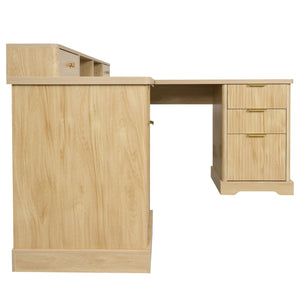 English Elm 59" Fluted Oak L-shaped Corner Desk with Charging Station Monitor Stand and File Storage Light Oak W2917S00005