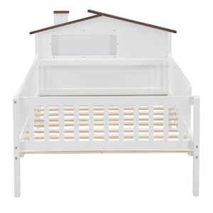 English Elm Twin House-Shaped Platform Bed with Built-In Storage, LED Accent Lighting and Rustic Pine Charm (95) White N709P184429K