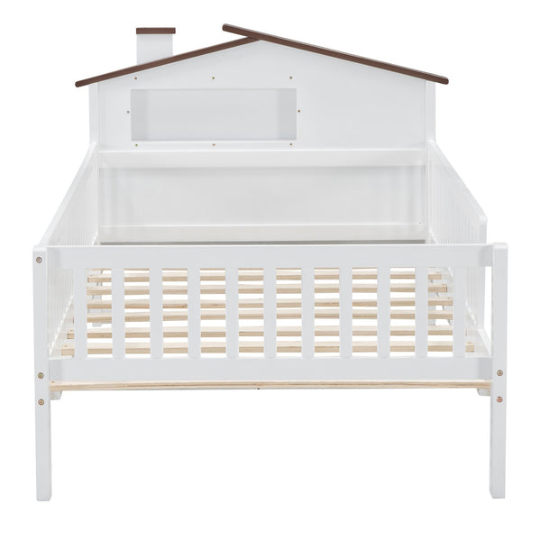 English Elm Twin House-Shaped Platform Bed with Built-In Storage, LED Accent Lighting and Rustic Pine Charm (95) White N709P184429K