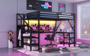 English Elm Metal Queen Loft Bed with L Shaped Desk Wardrobe Rgb Lighting and Usb Charging W2593S00065
