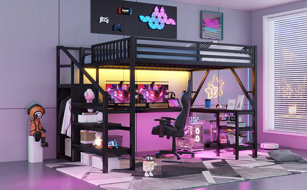 English Elm Metal Queen Loft Bed with L Shaped Desk Wardrobe Rgb Lighting and Usb Charging W2593S00065